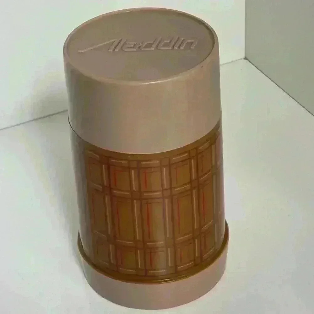 1970s brown tartan Aladdin wide mouth pint  vaccuum flask glass tube thermos